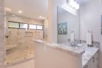 The remodeled master bathroom is as luxurious as it is spacious 